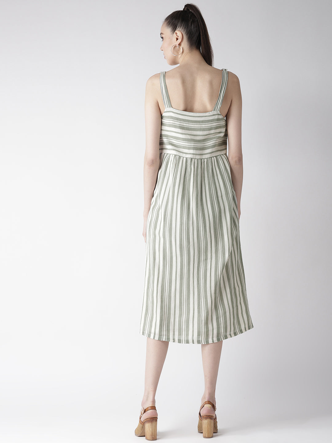 Green & White Striped A-Line Dress