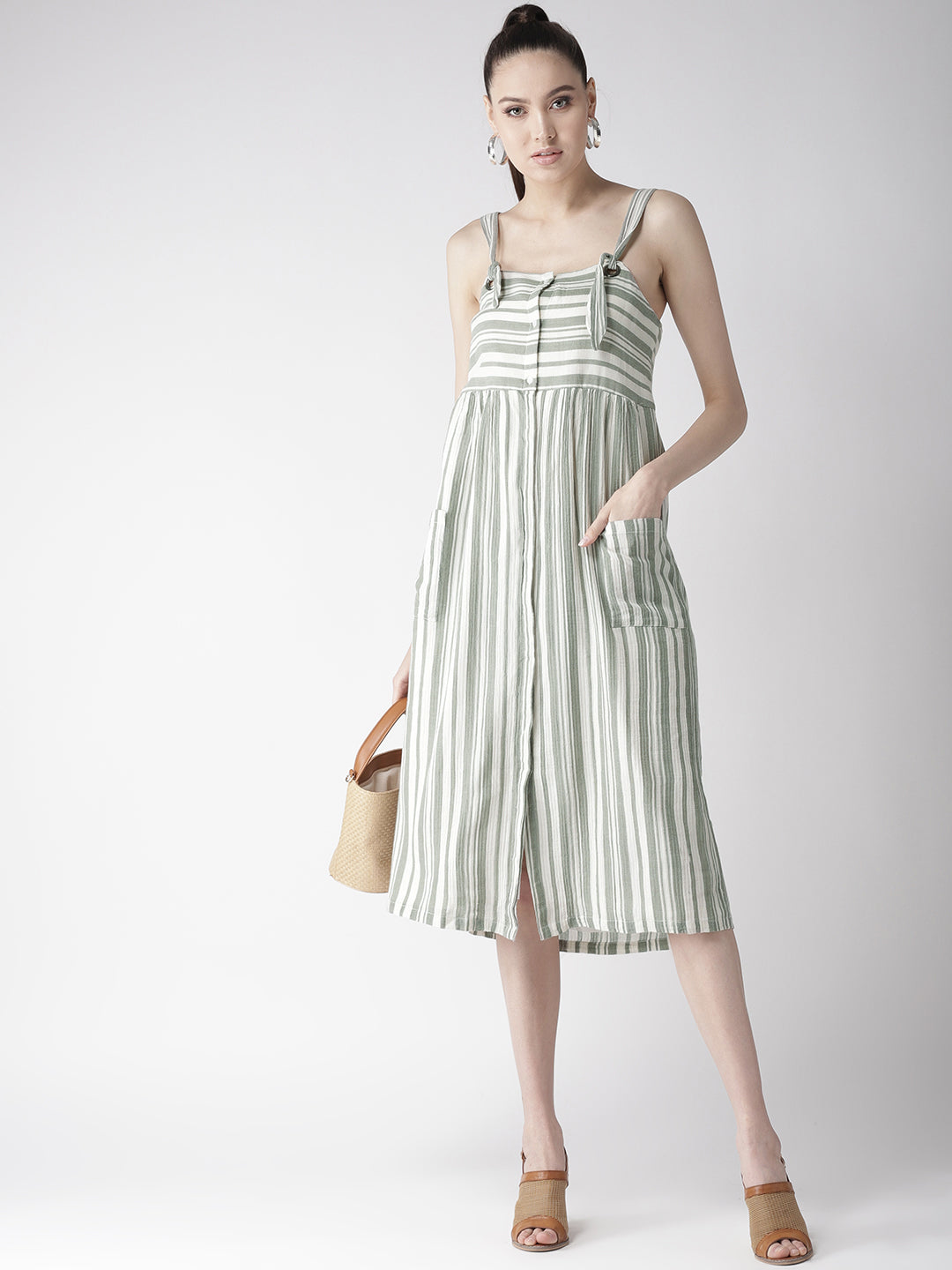 Scoup Green & White Striped A-Line Dress