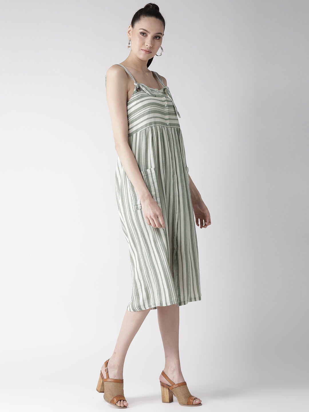 Green & White Striped A-Line Dress