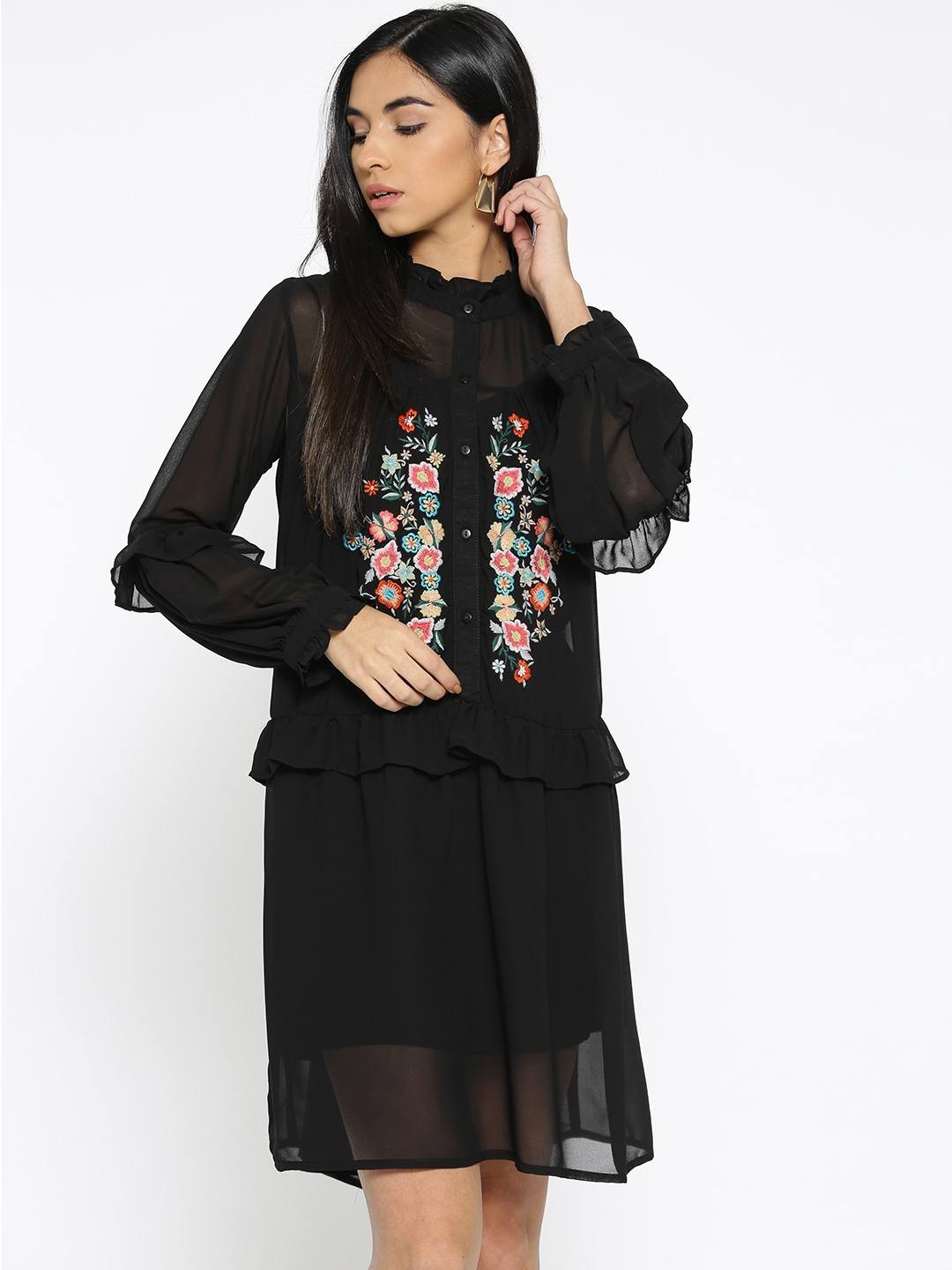 Black Embroidered Loose Fit Dress