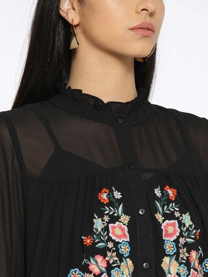 Black Embroidered Loose Fit Dress