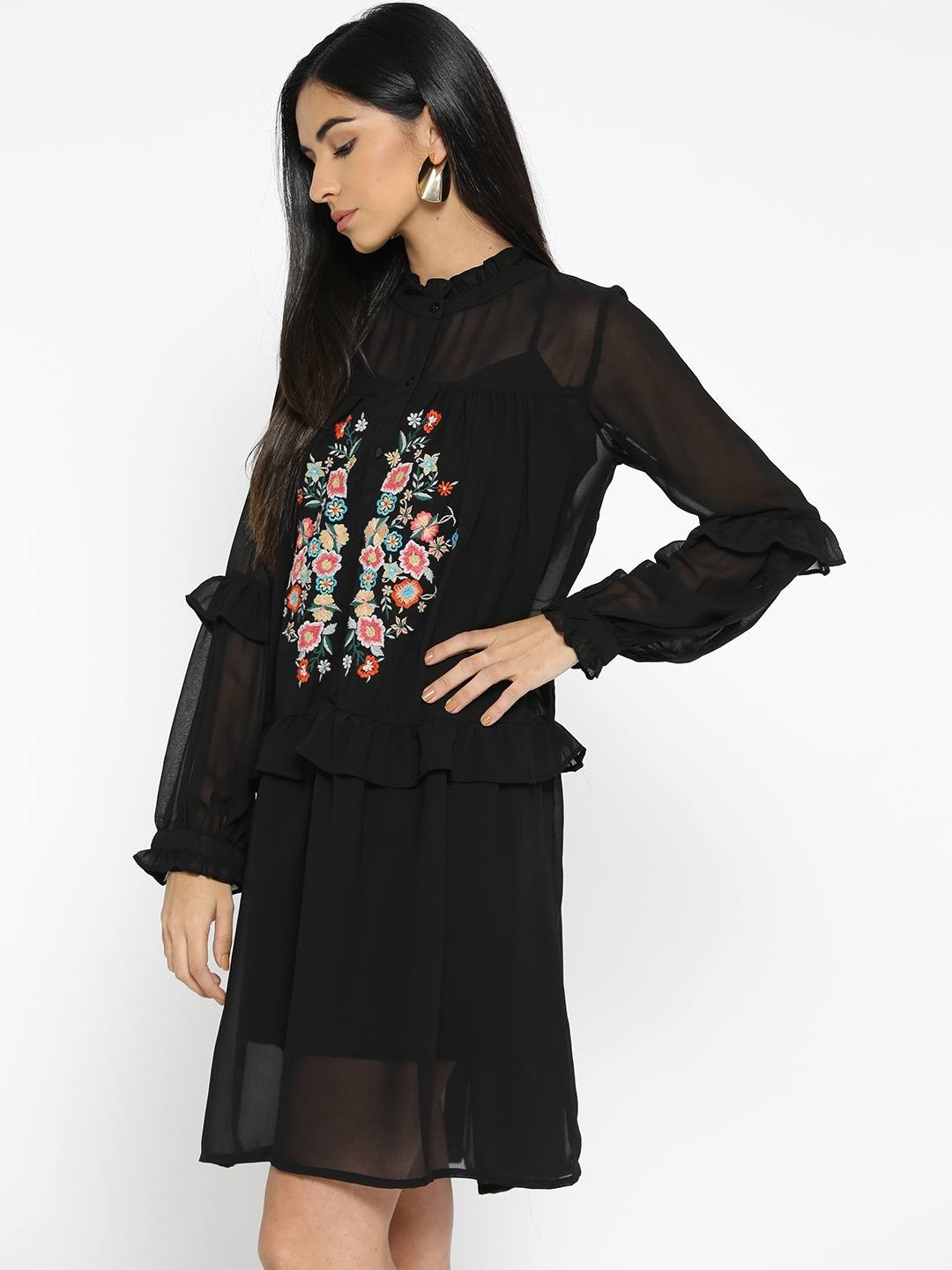 Black Embroidered Loose Fit Dress