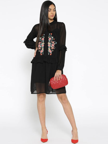 Black Embroidered Loose Fit Dress