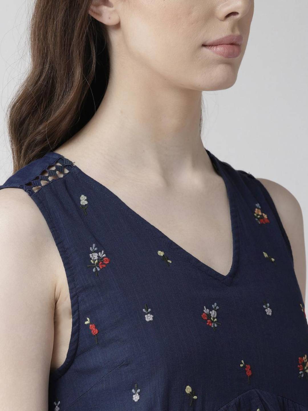 Navy Blue Sleeveless Embroidered Dress