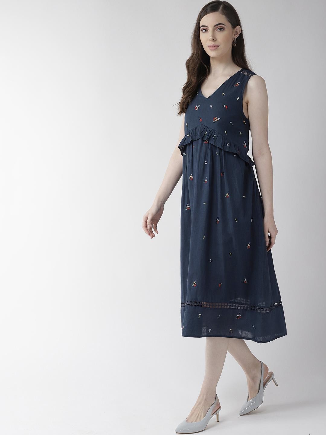 Navy Blue Sleeveless Embroidered Dress