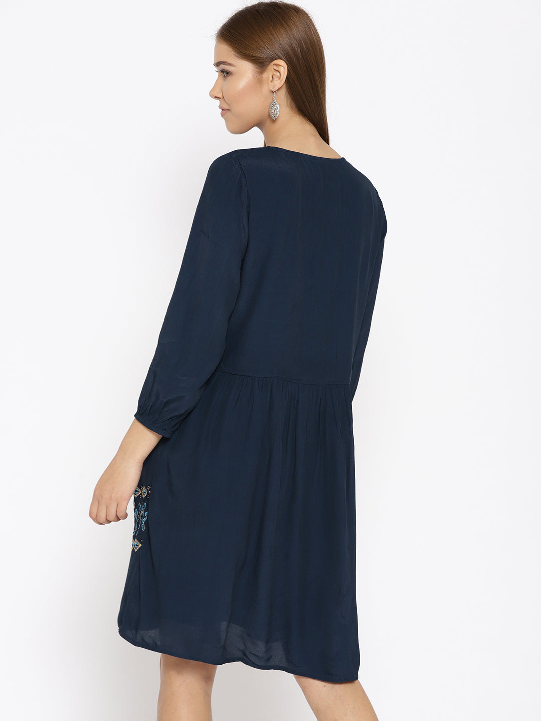 Women Navy Blue Embriodered Fit and Flare Dress