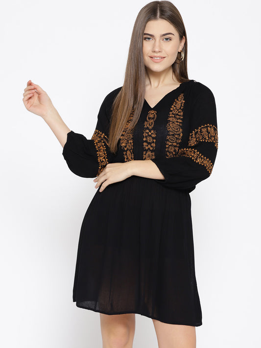 Scoup Women Black Self Design A-Line Dress