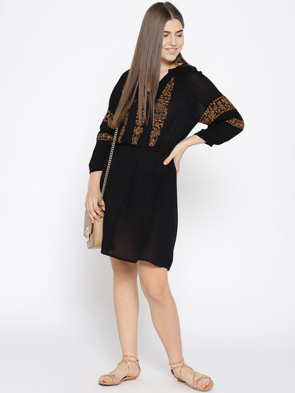 Women Black Self Design A-Line Dress