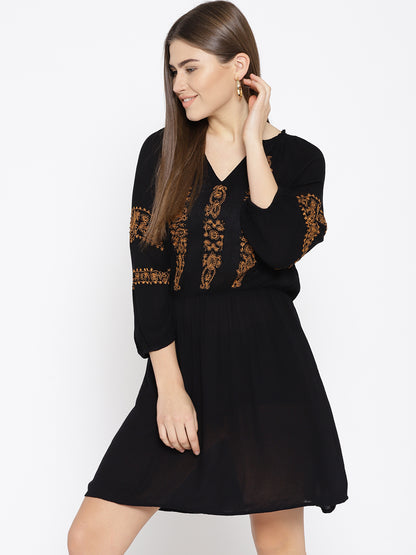 Women Black Self Design A-Line Dress