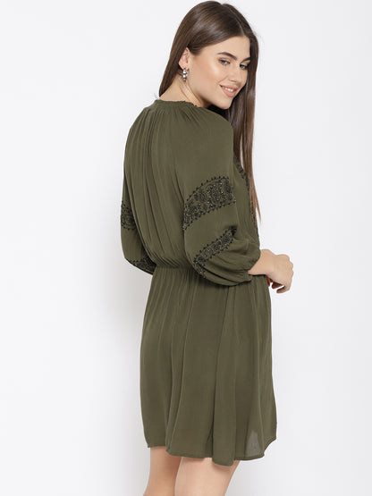 Women Olive Green Self Design A-Line Dress