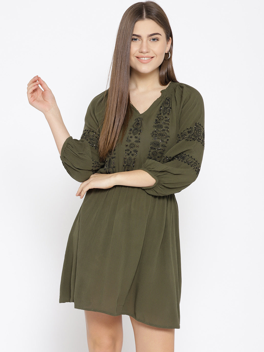 Women Olive Green Self Design A-Line Dress