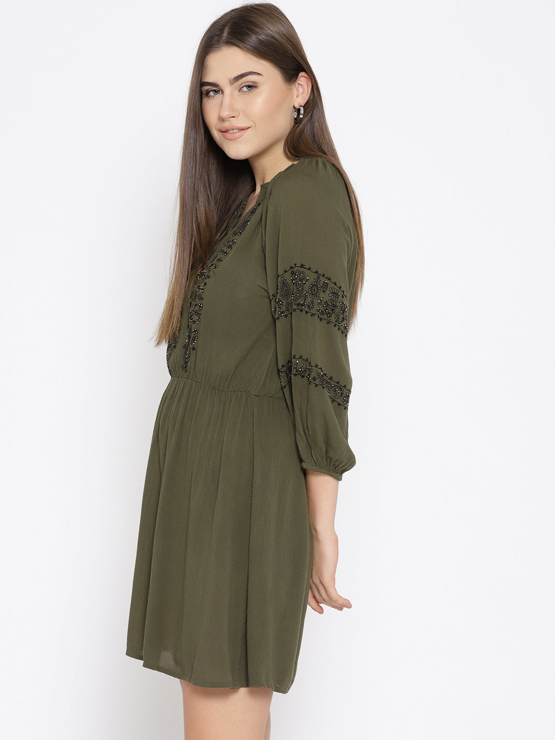 Women Olive Green Self Design A-Line Dress