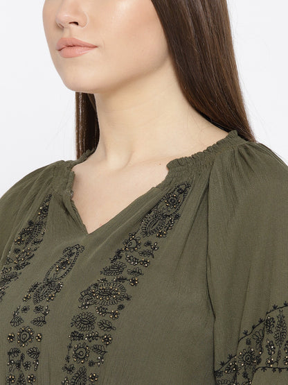 Women Olive Green Self Design A-Line Dress