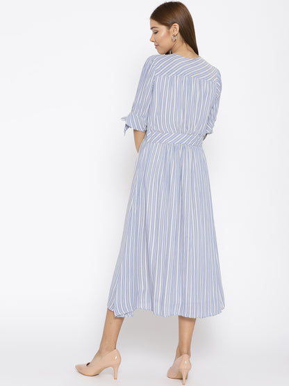 Blue Striped Midi A-Line Dress