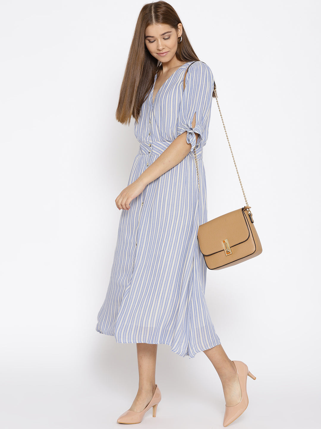 Blue Striped Midi A-Line Dress