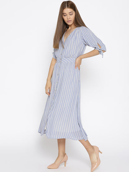 Blue Striped Midi A-Line Dress