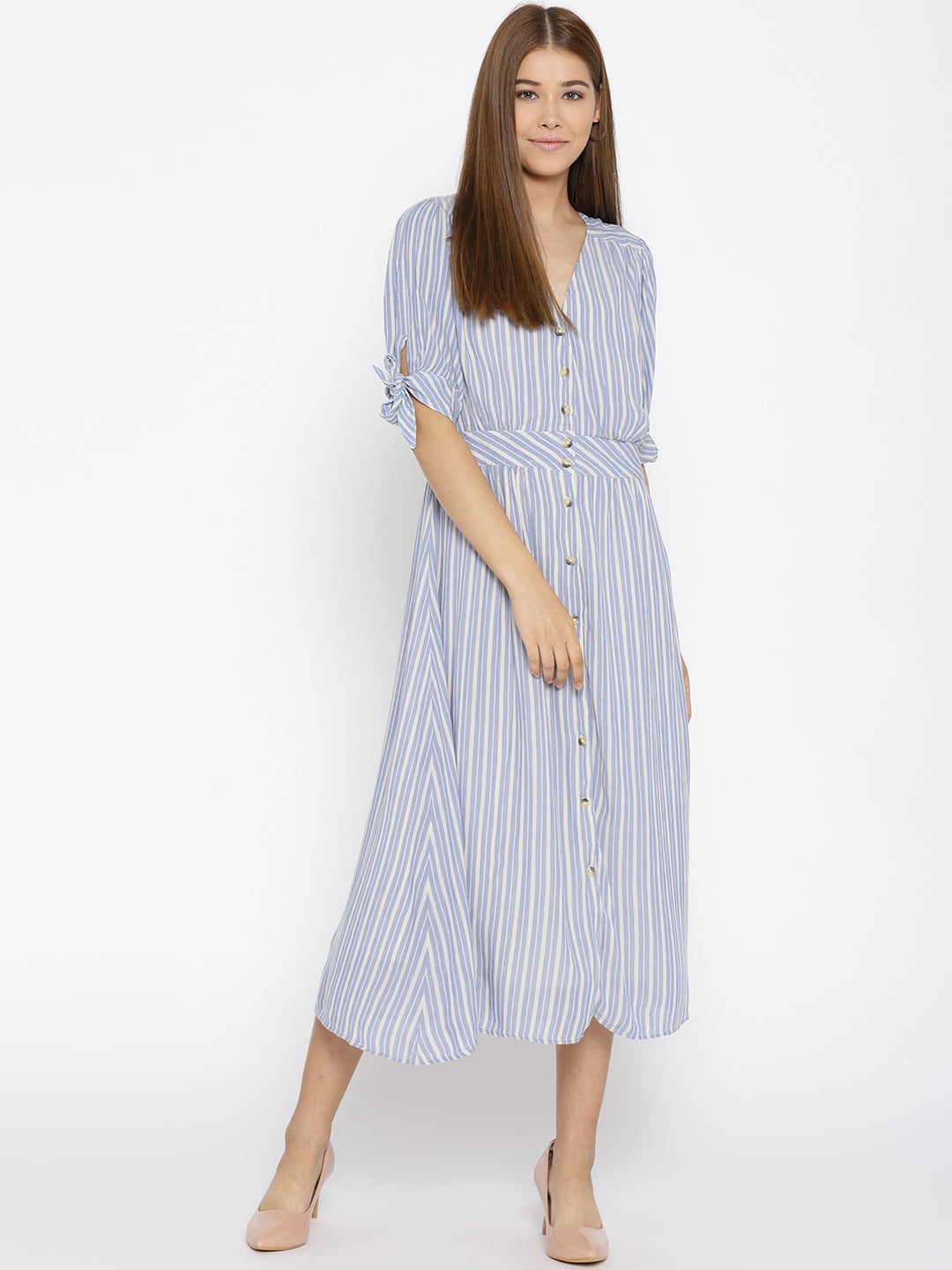 Blue Striped Midi A-Line Dress