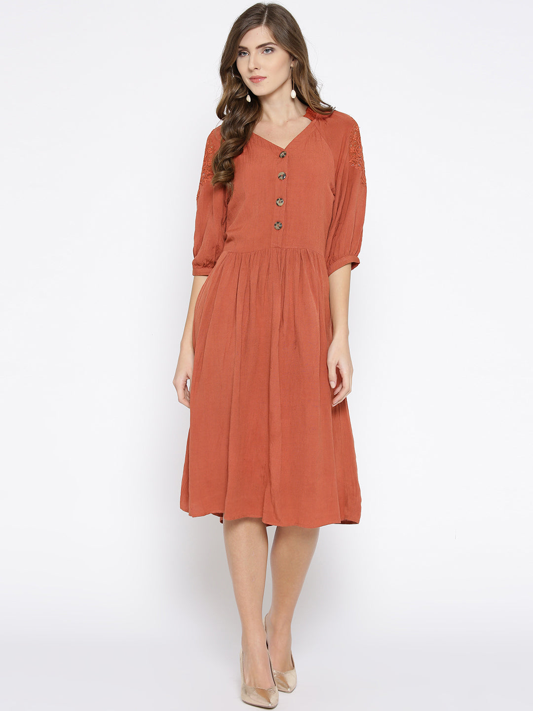 Women Rust Orange Solid Midi A-Line Dress