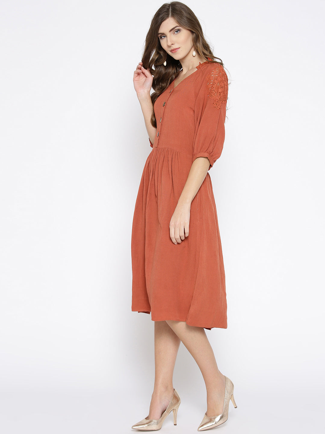 Women Rust Orange Solid Midi A-Line Dress