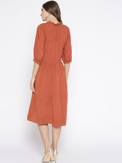 Women Rust Orange Solid Midi A-Line Dress