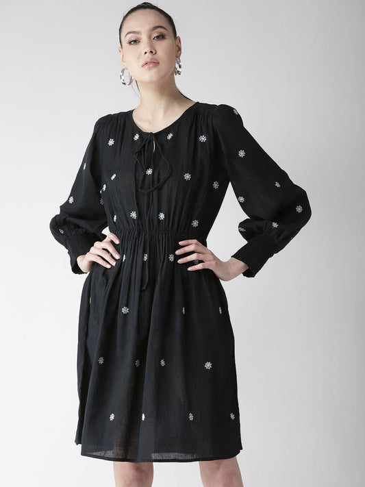 Scoup Black Embroidered Fit and Flare Dress