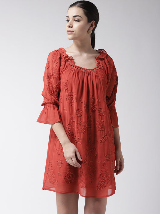 Women Rust Orange Embroidered A-Line Dress