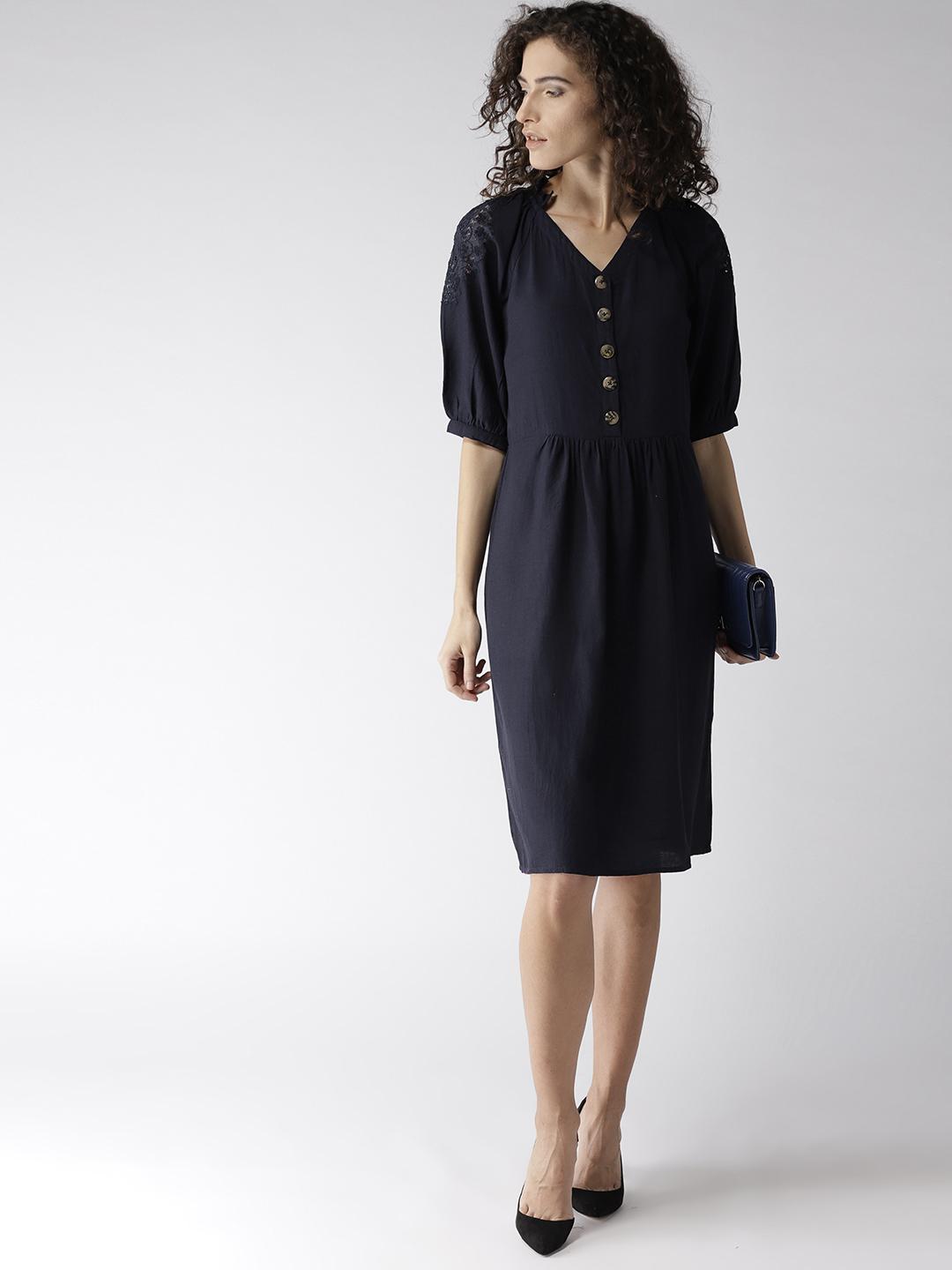 Navy Blue Solid Lace Detail A-Line Dress