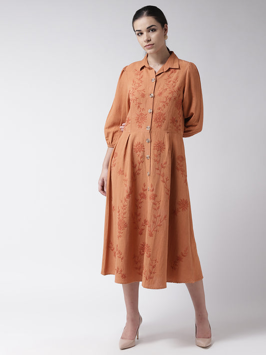 Orange Embroidered Shirt Midi Dress