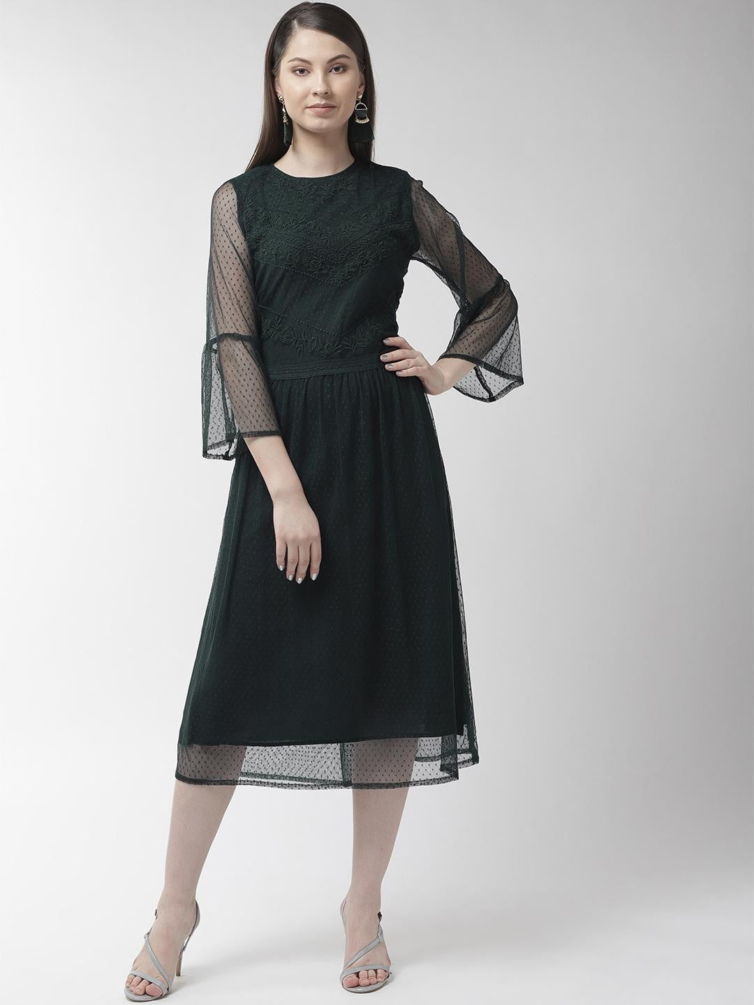 Green Buta Mesh Embroidered lace Insert Dress