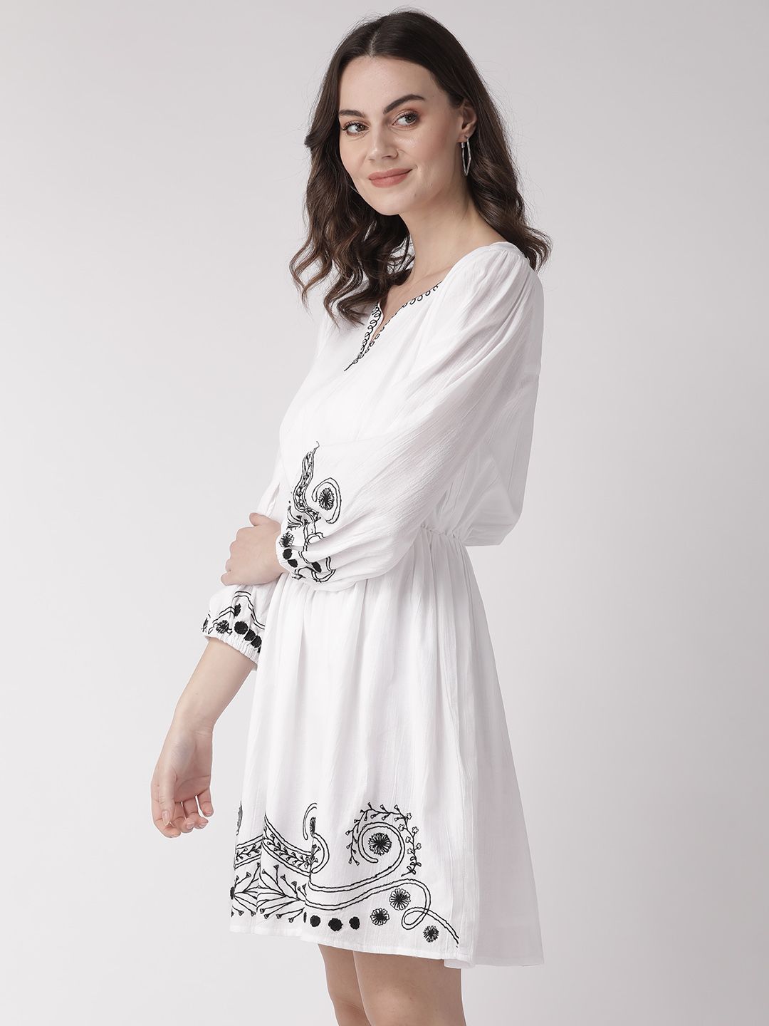 White & Black Solid A-Line Dress