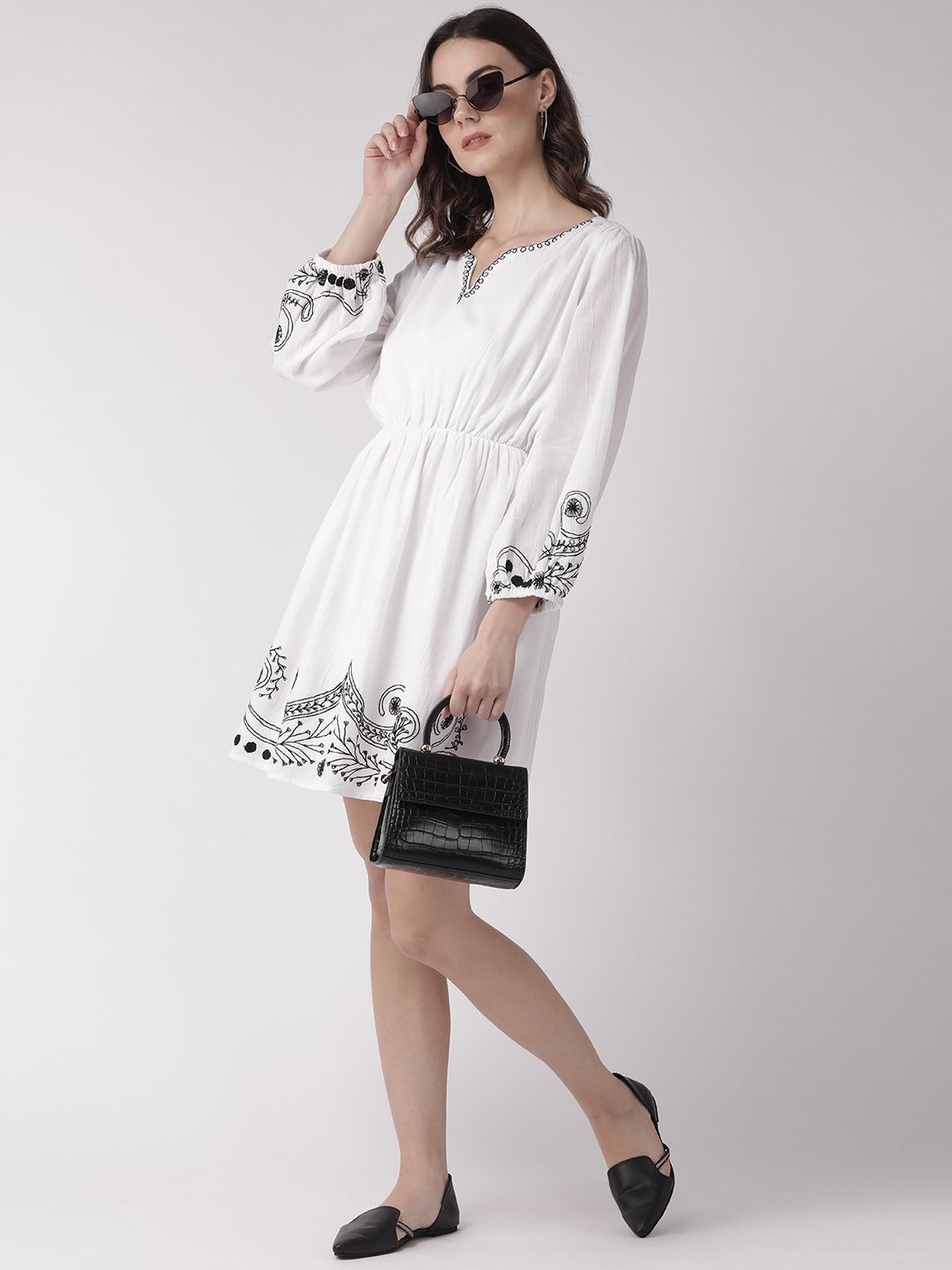 White & Black Solid A-Line Dress