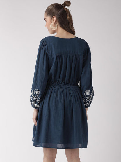 Navy Blue Solid A-Line Dress