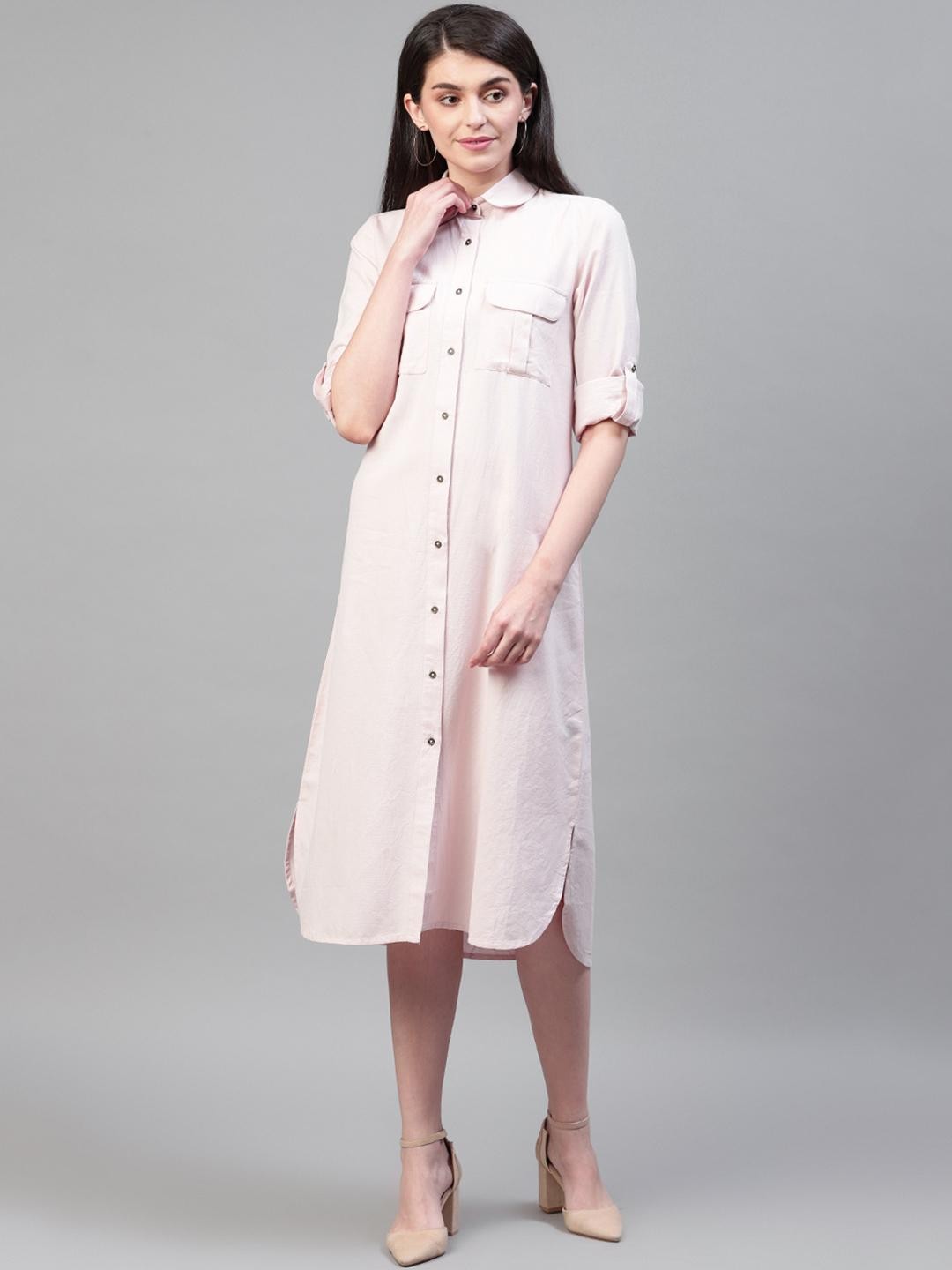 Pink solid cotton flex shirt dress