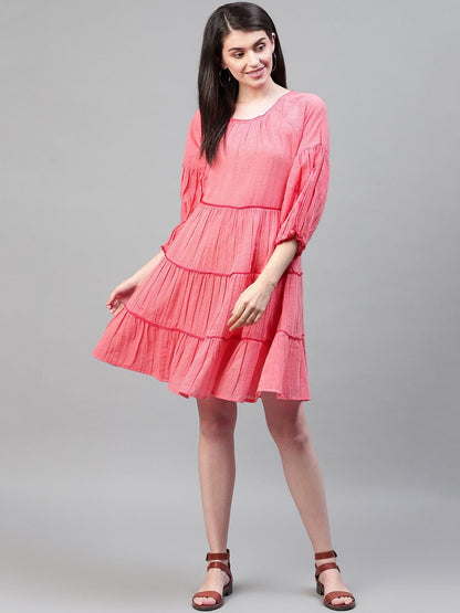 Red cotton lace insert dress with three quarter sleeves