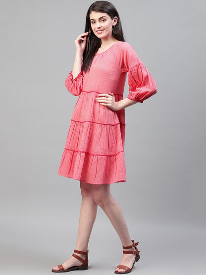 Red cotton lace insert dress with three quarter sleeves