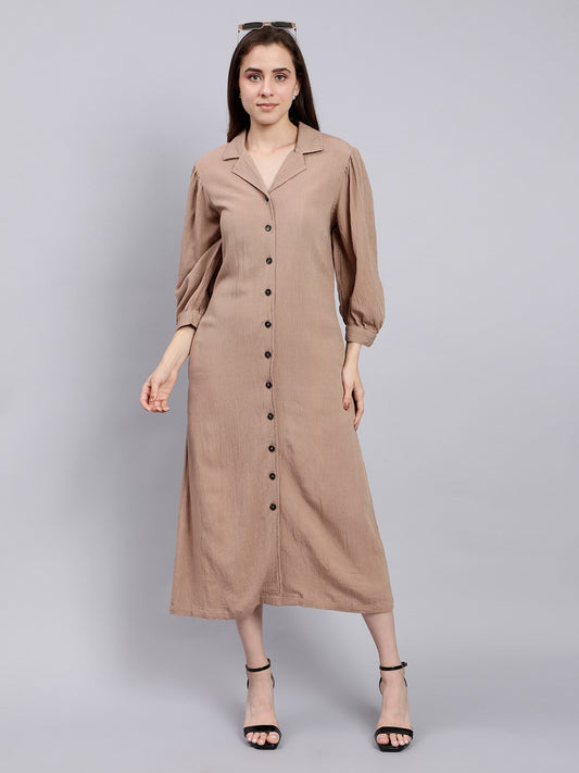 Brown Midi Shirt Dress with Lapel Collar