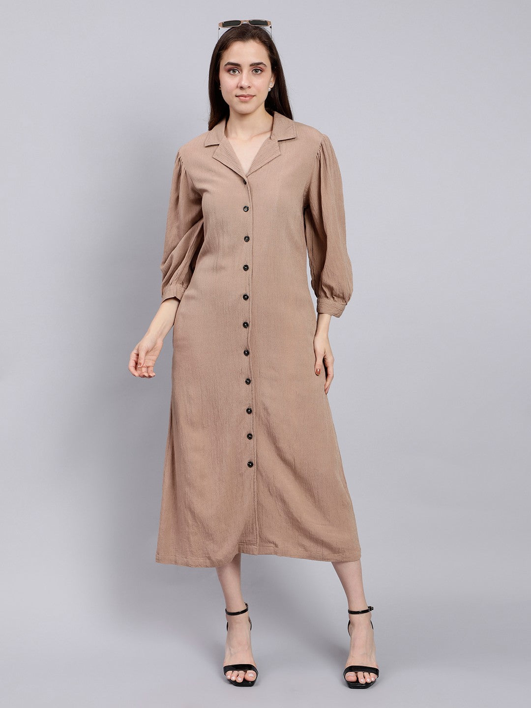 Scoup Brown Midi Shirt Dress with Lapel Collar