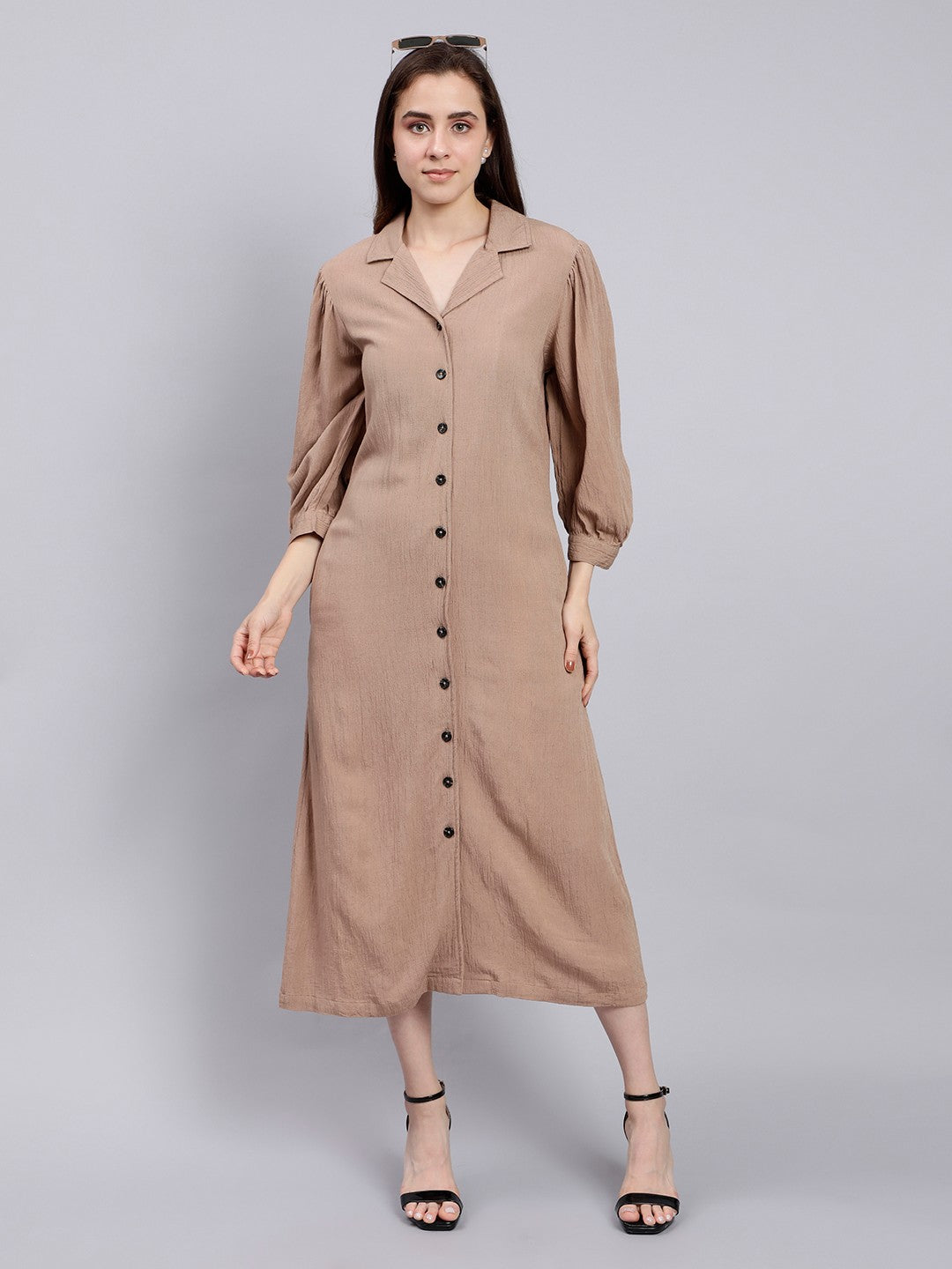 Brown Midi Shirt Dress with Lapel Collar