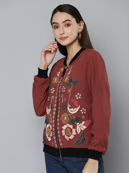 Rust Embroidered Bomber Jacket