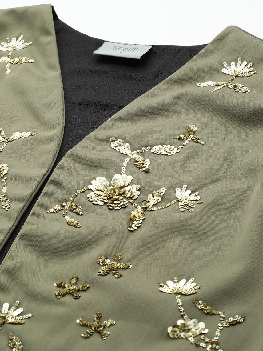 Women Floral Embellished Open Front Sleeveless Jacket