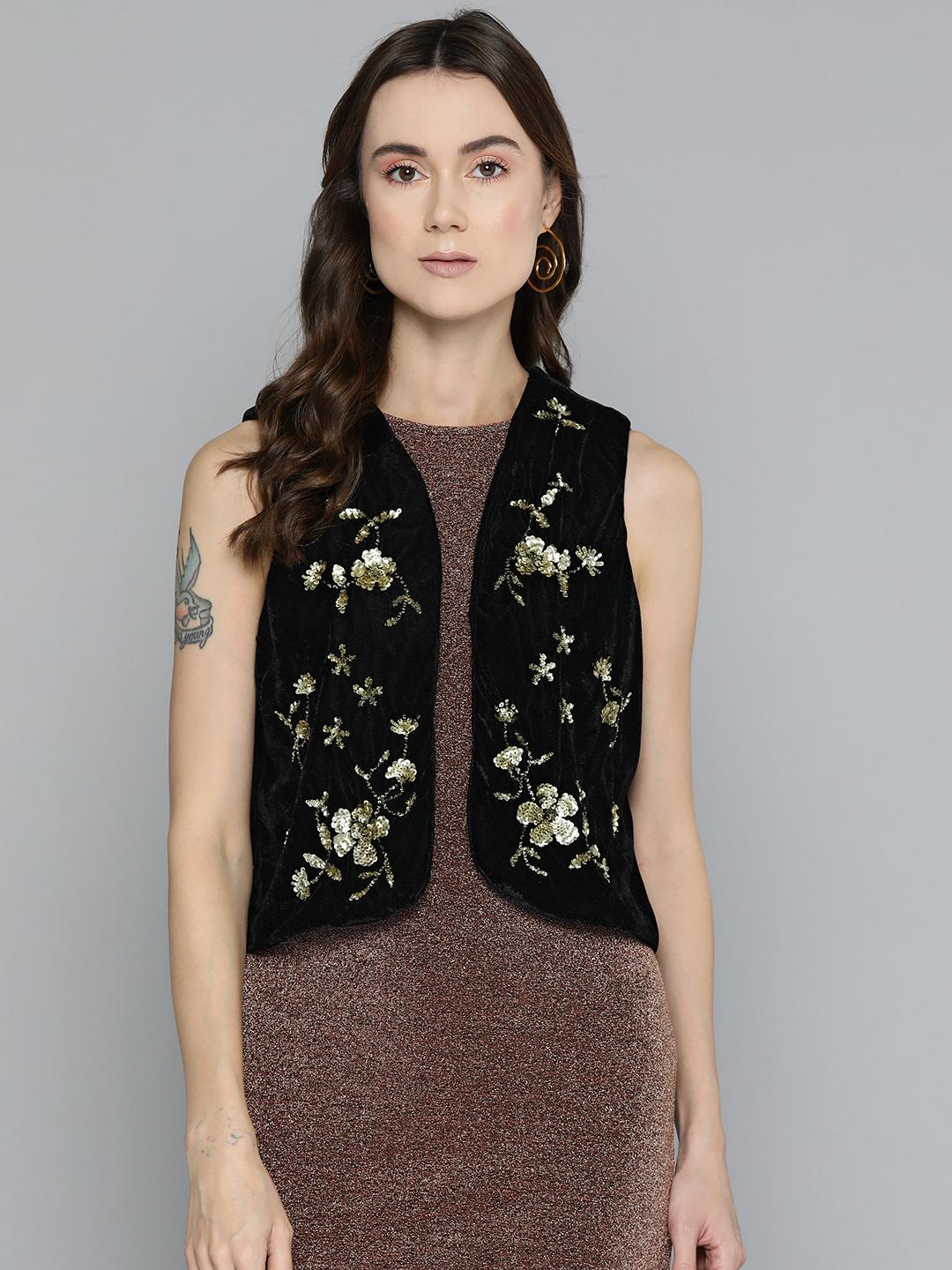 Black Floral Embellished Open Front Sleeveless Short Jacket