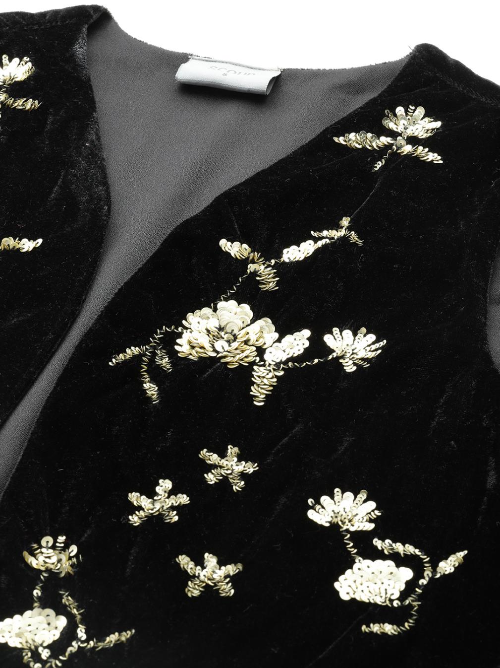 Black Floral Embellished Open Front Sleeveless Short Jacket