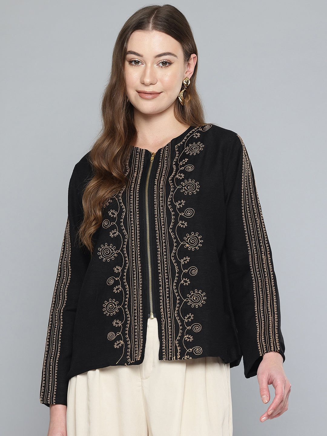 Chunky Embroidered Zip open Shrug