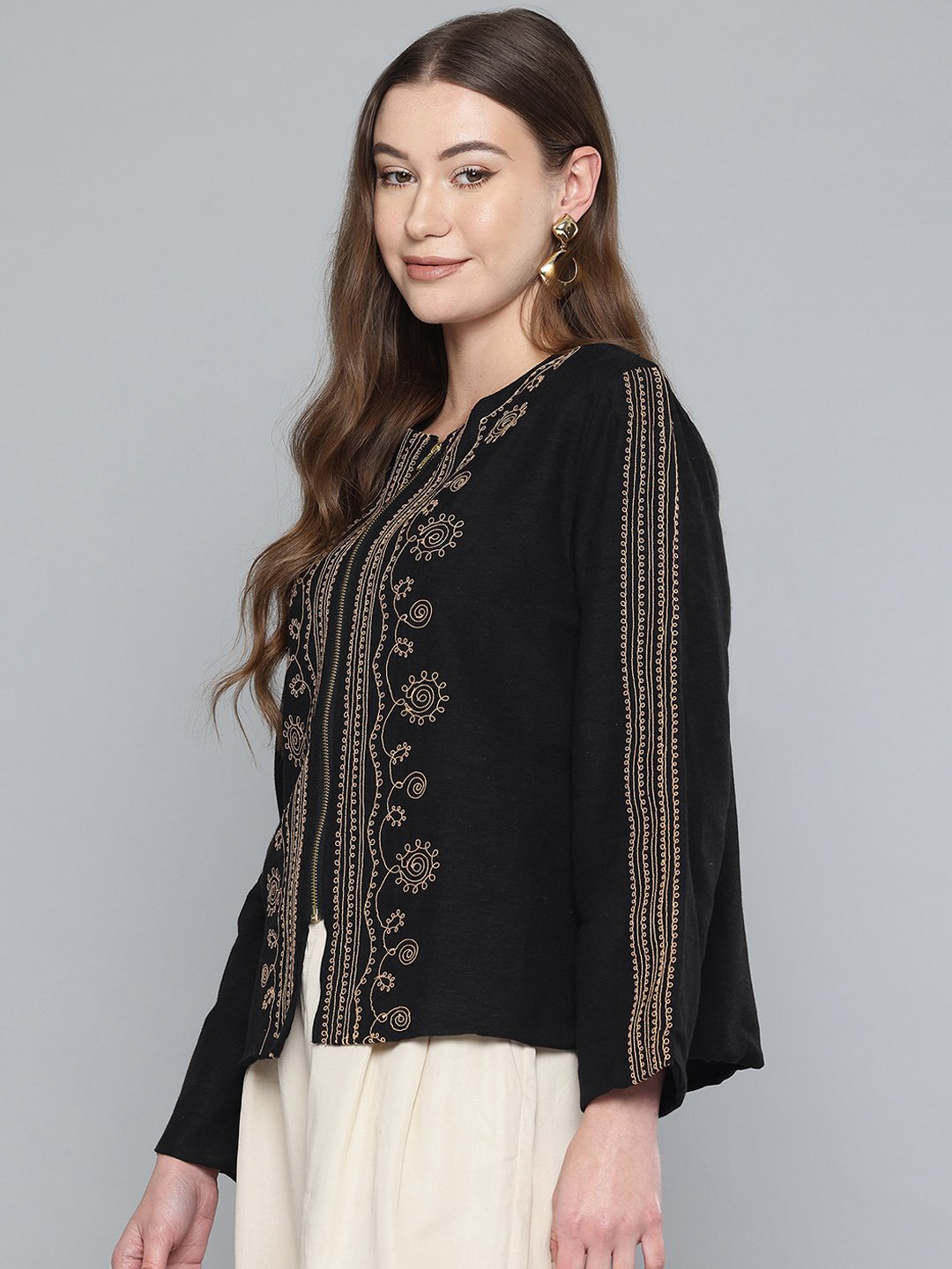 Chunky Embroidered Zip open Shrug