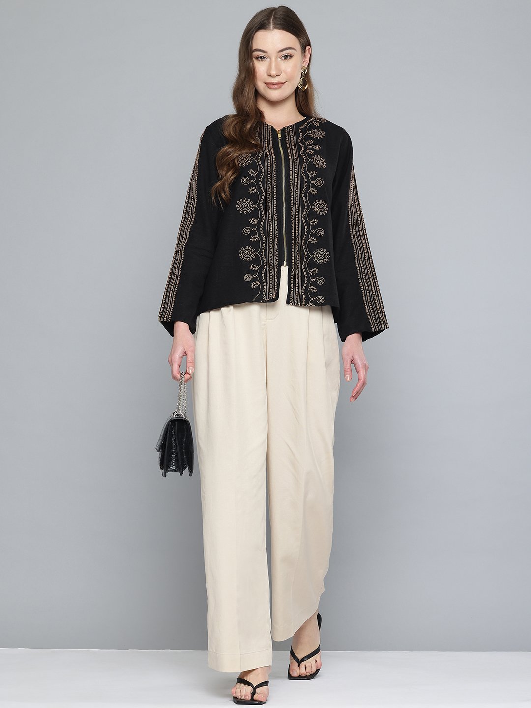 Chunky Embroidered Zip open Shrug