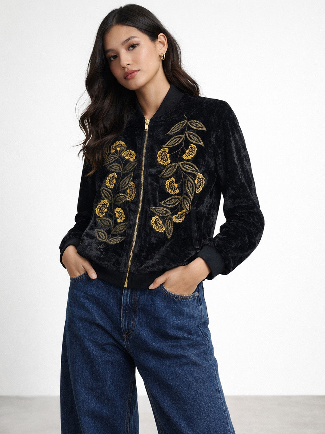Embroidered Velvet Bomber Jacket.