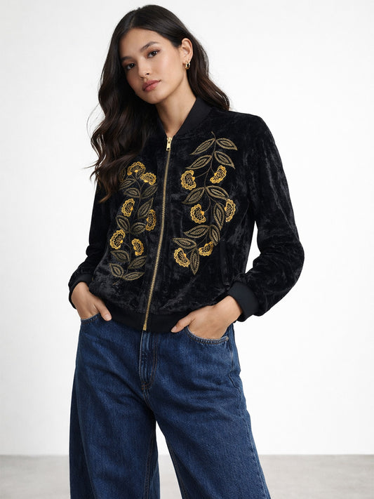 Embroidered Velvet Bomber Jacket.