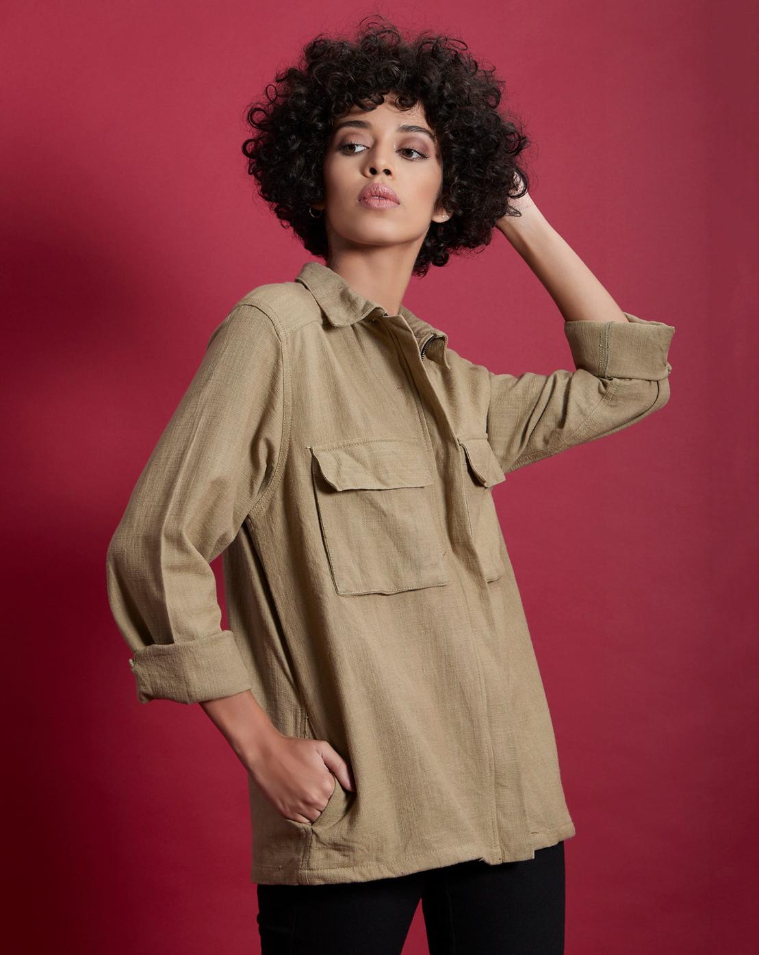 Khaki Cotton Jaket with Pocket Details on front