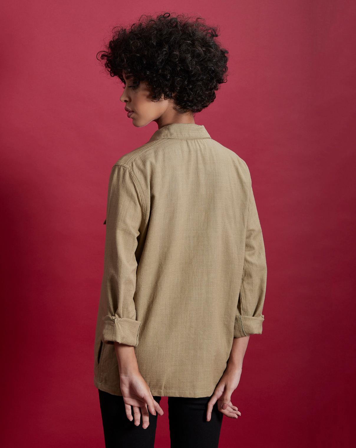 Khaki Cotton Jaket with Pocket Details on front