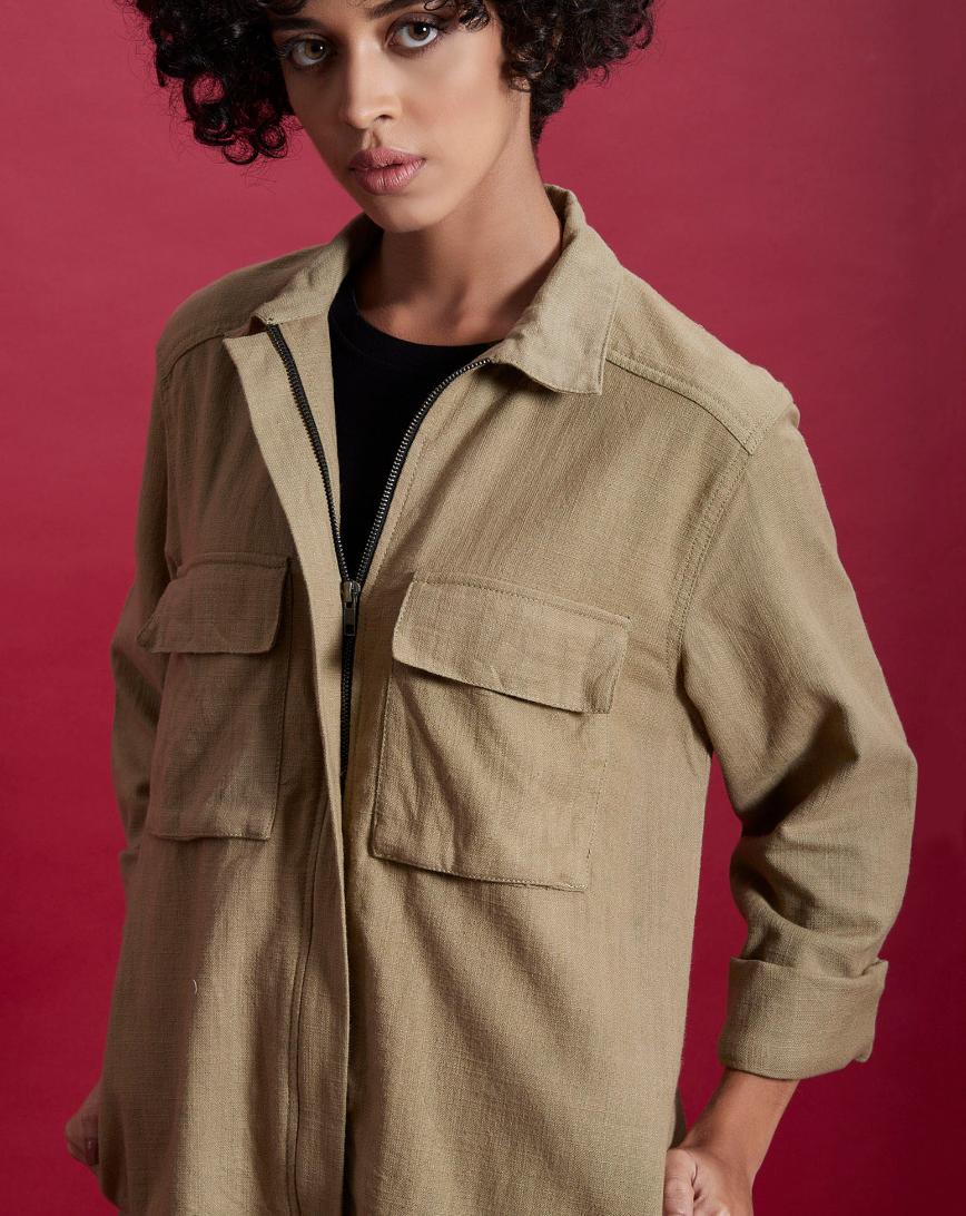 Khaki Cotton Jaket with Pocket Details on front